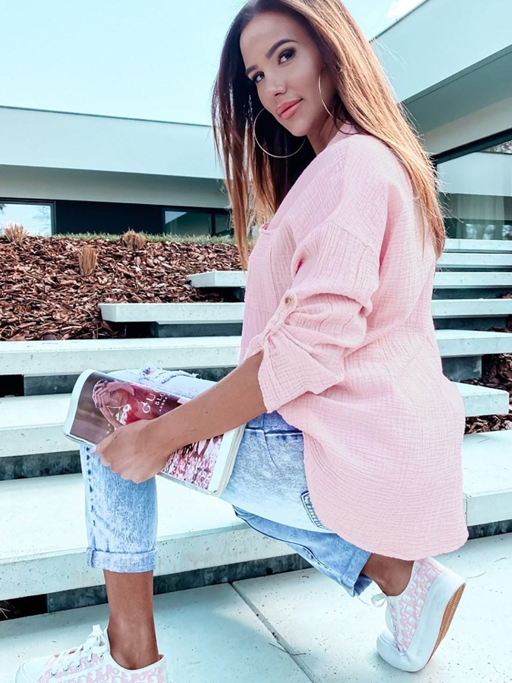 Pink Textured Roll-tab Sleeve Cotton Shirt