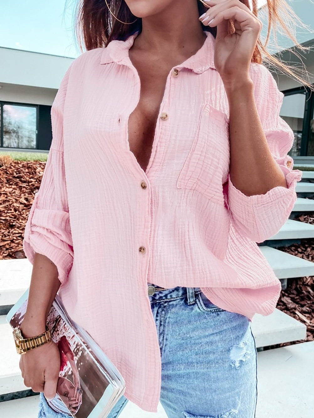 Pink Textured Roll-tab Sleeve Cotton Shirt