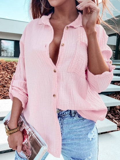 Pink Textured Roll-tab Sleeve Cotton Shirt