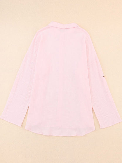 Pink Textured Roll-tab Sleeve Cotton Shirt