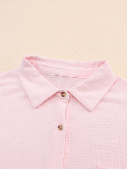 Pink Textured Roll-tab Sleeve Cotton Shirt