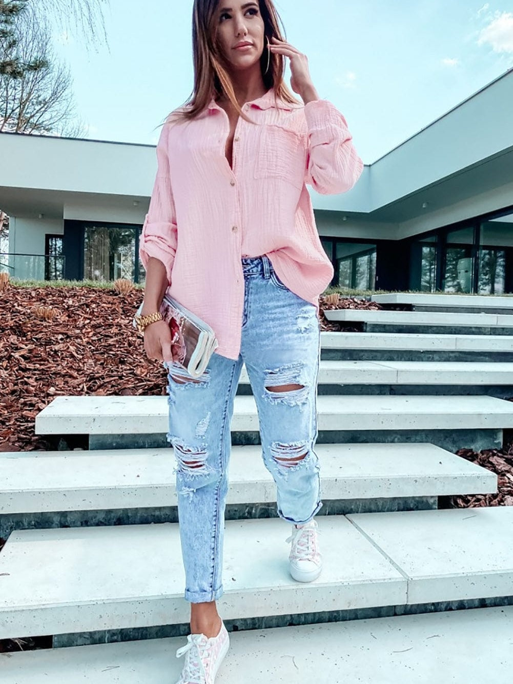 Pink Textured Roll-tab Sleeve Cotton Shirt