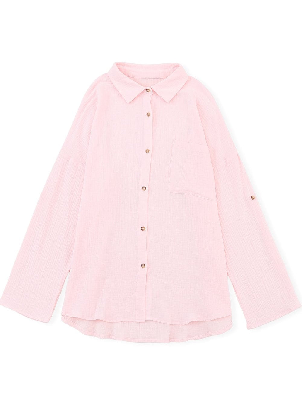Pink Textured Roll-tab Sleeve Cotton Shirt