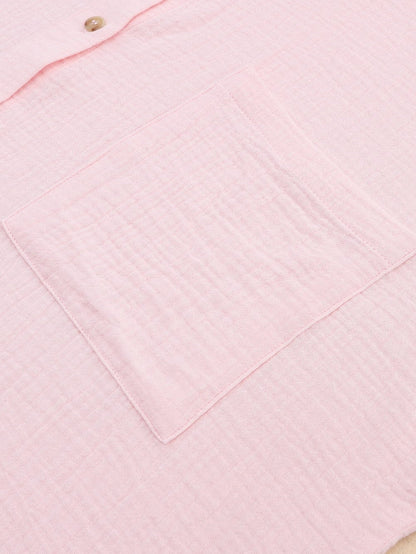 Pink Textured Roll-tab Sleeve Cotton Shirt