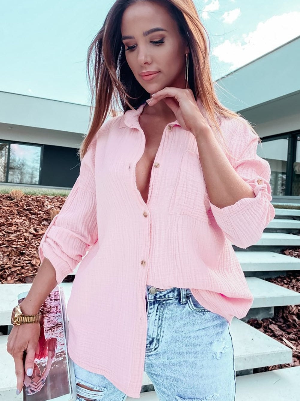 Pink Textured Roll-tab Sleeve Cotton Shirt