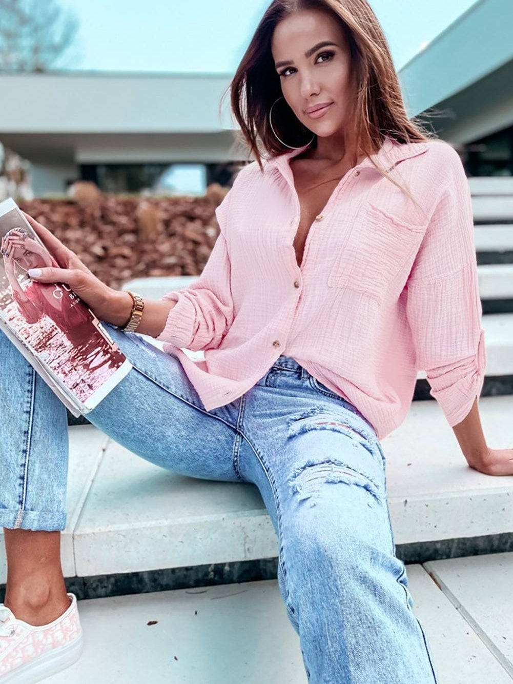 Pink Textured Roll-tab Sleeve Cotton Shirt