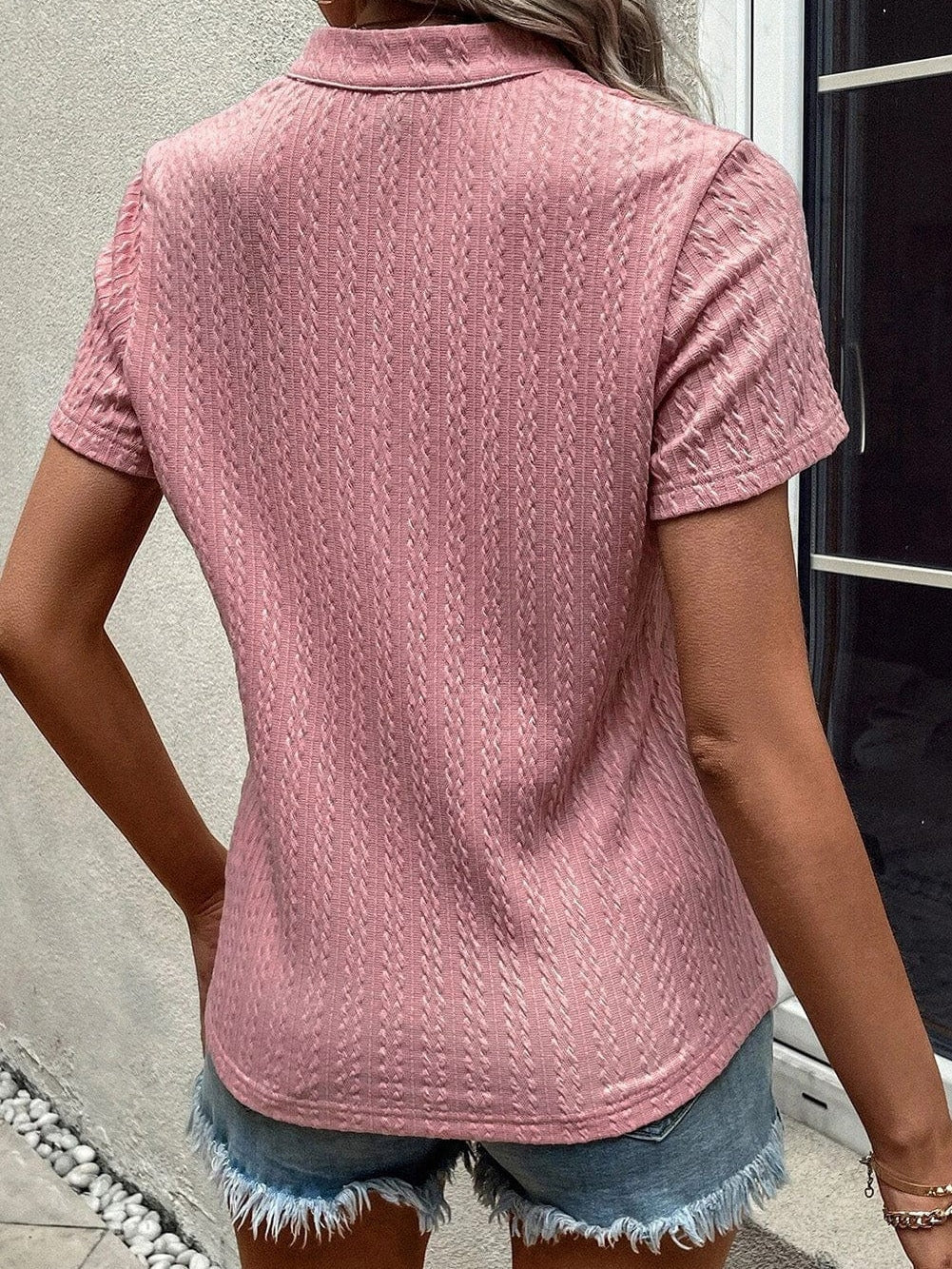 Pink Textured Shift Top with V Neck and Short Sleeves