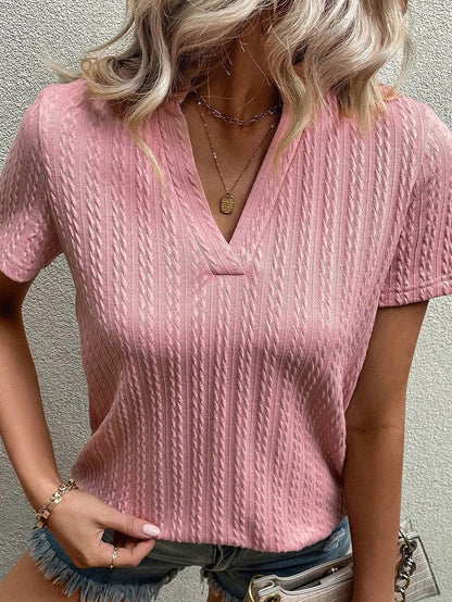 Pink Textured Shift Top with V Neck and Short Sleeves