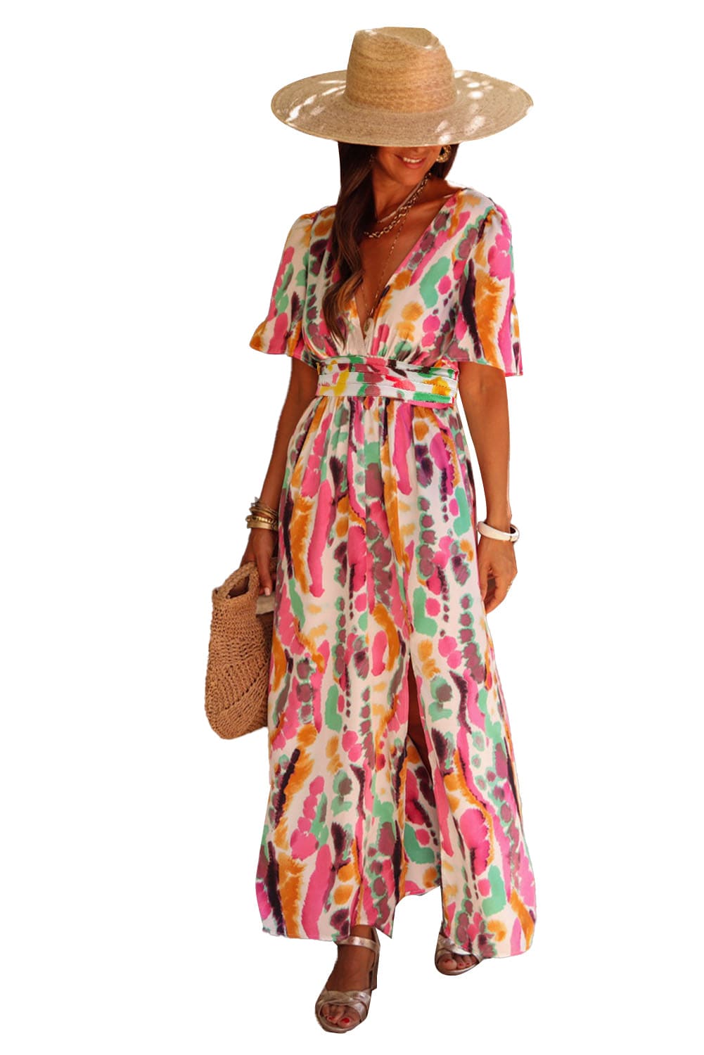 Pink Tie-Dye V Neck Maxi Dress with Bohemian Flair