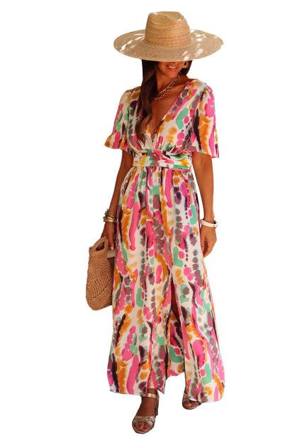 Pink Tie-Dye V Neck Maxi Dress with Bohemian Flair