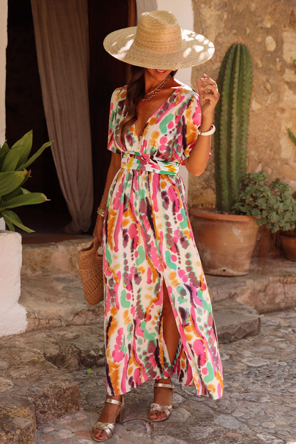 Pink Tie-Dye V Neck Maxi Dress with Bohemian Flair