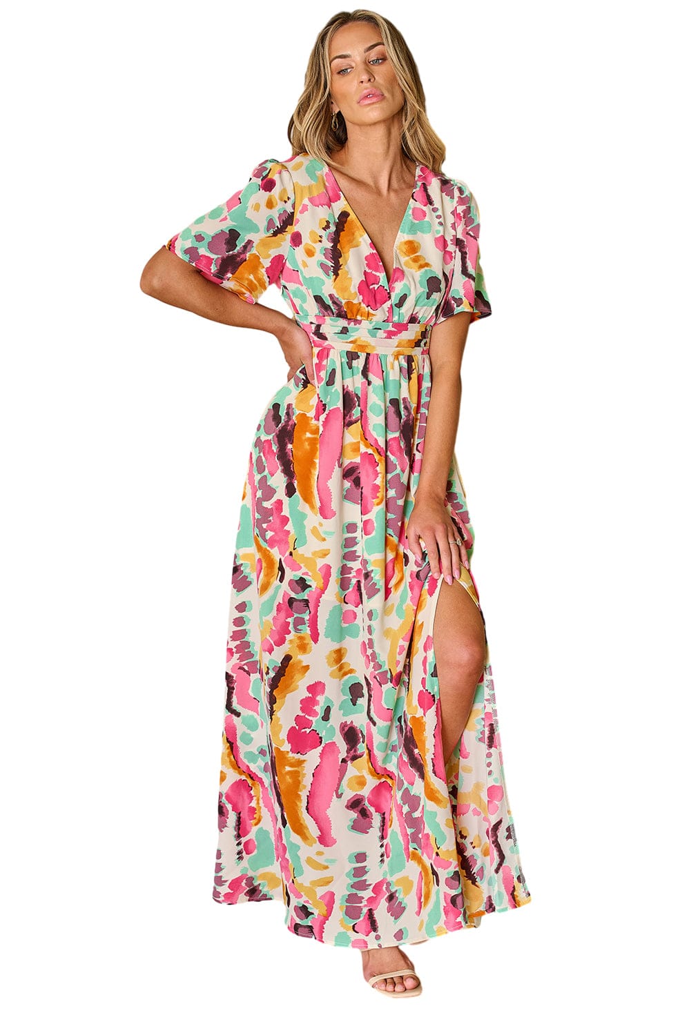 Pink Tie-Dye V Neck Maxi Dress with Bohemian Flair