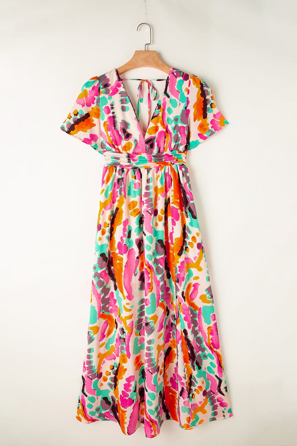 Pink Tie-Dye V Neck Maxi Dress with Bohemian Flair