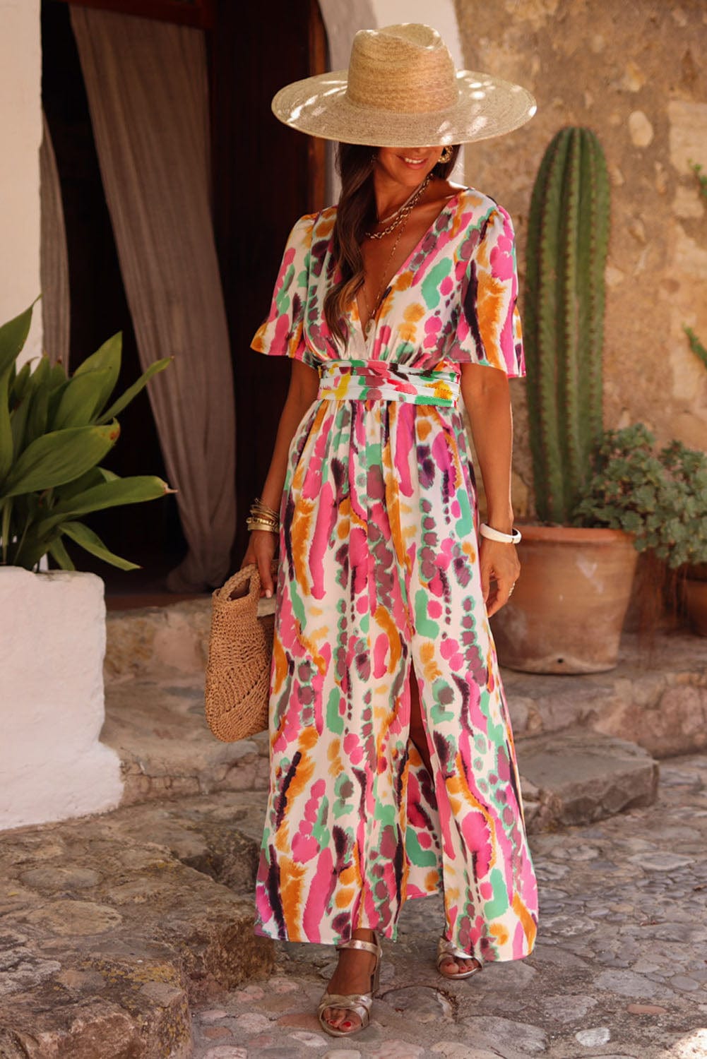 Pink Tie-Dye V Neck Maxi Dress with Bohemian Flair