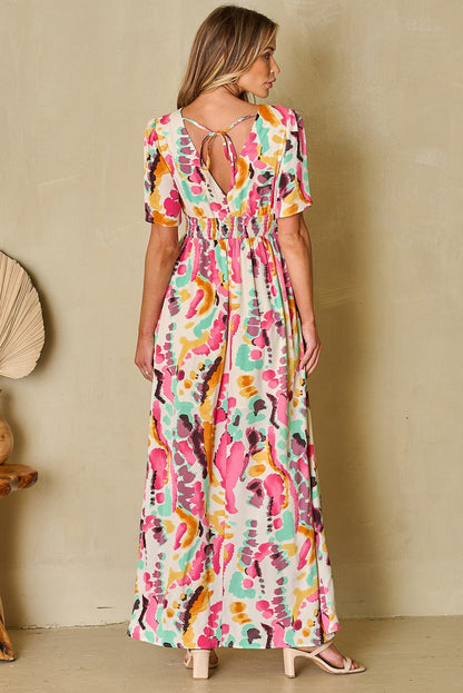 Pink Tie-Dye V Neck Maxi Dress with Bohemian Flair