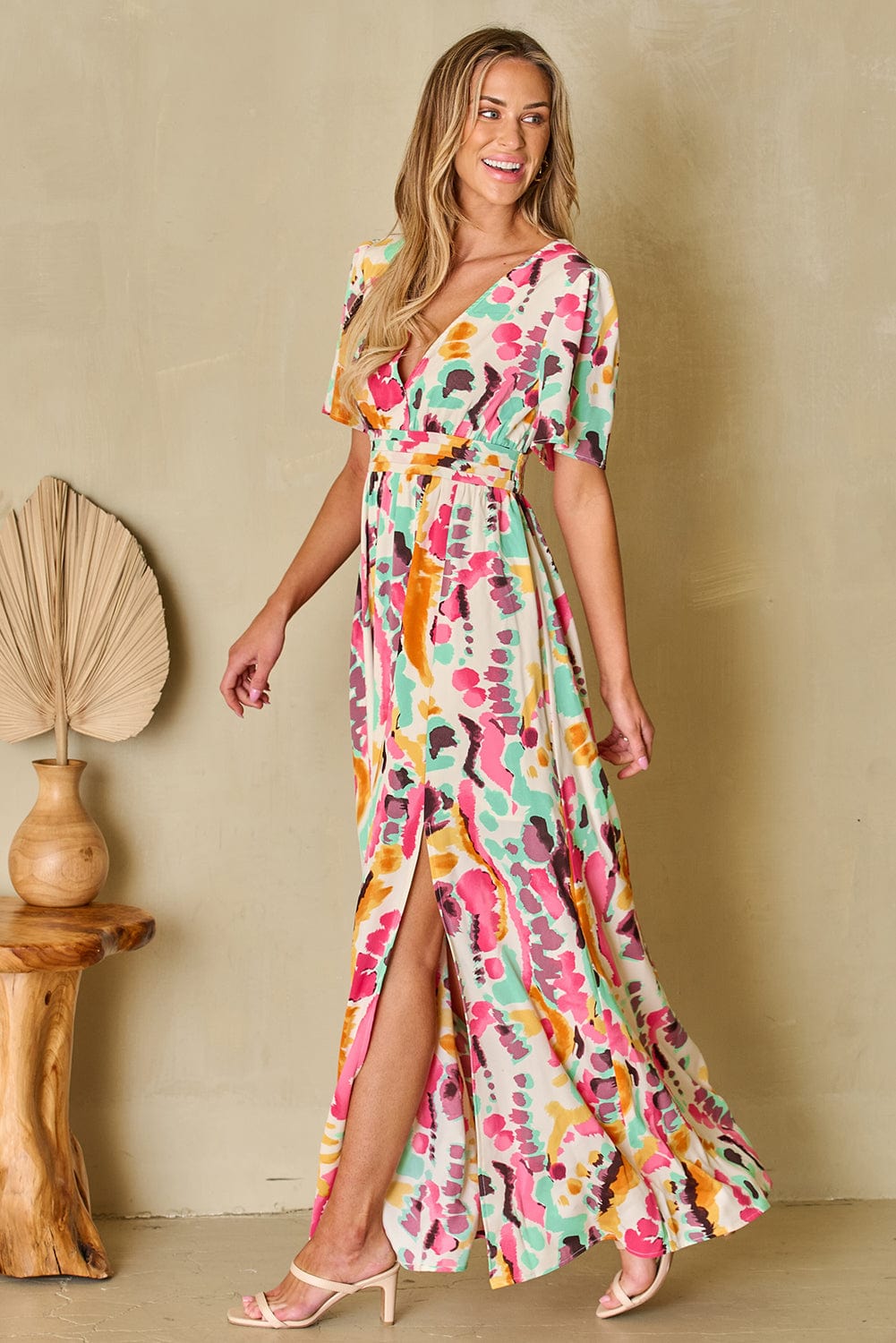 Pink Tie-Dye V Neck Maxi Dress with Bohemian Flair