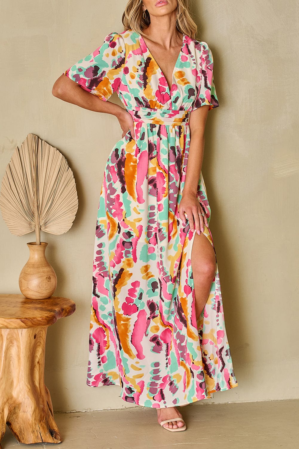 Pink Tie-Dye V Neck Maxi Dress with Bohemian Flair