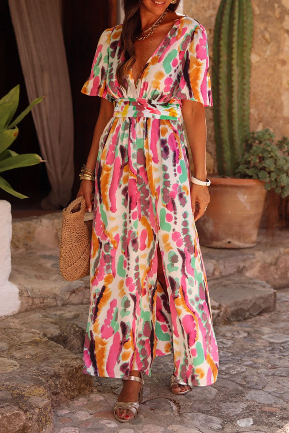 Pink Tie-Dye V Neck Maxi Dress with Bohemian Flair