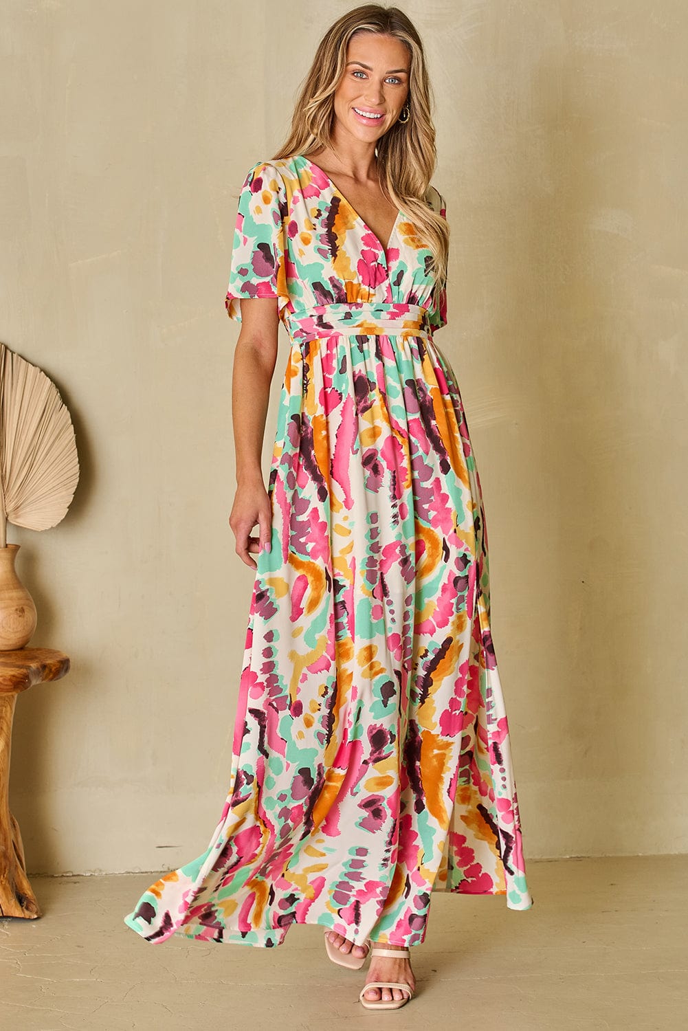 Pink Tie-Dye V Neck Maxi Dress with Bohemian Flair