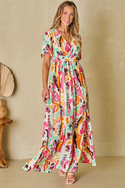 Pink Tie-Dye V Neck Maxi Dress with Bohemian Flair