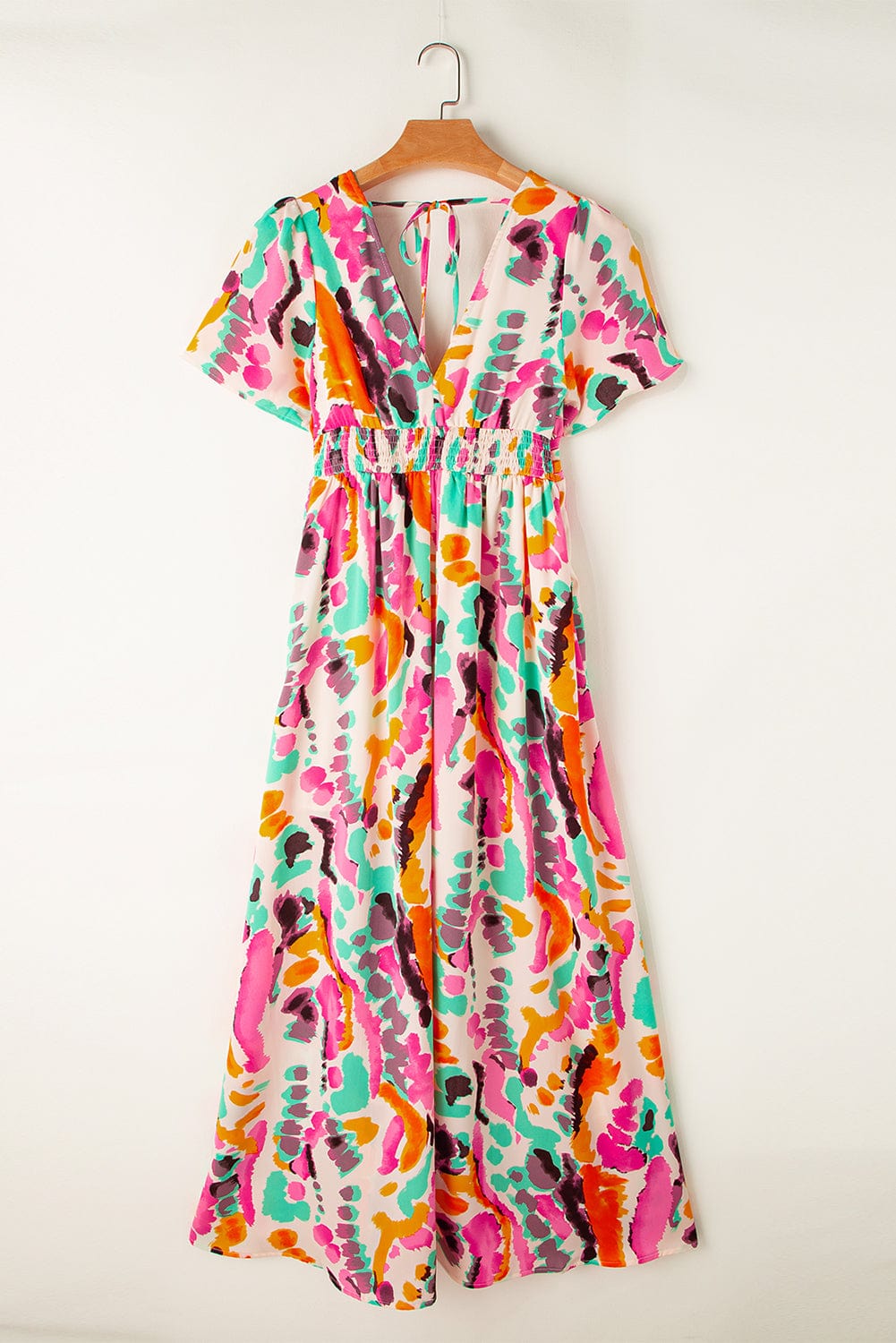 Pink Tie-Dye V Neck Maxi Dress with Bohemian Flair