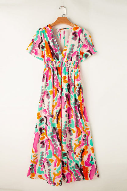 Pink Tie-Dye V Neck Maxi Dress with Bohemian Flair