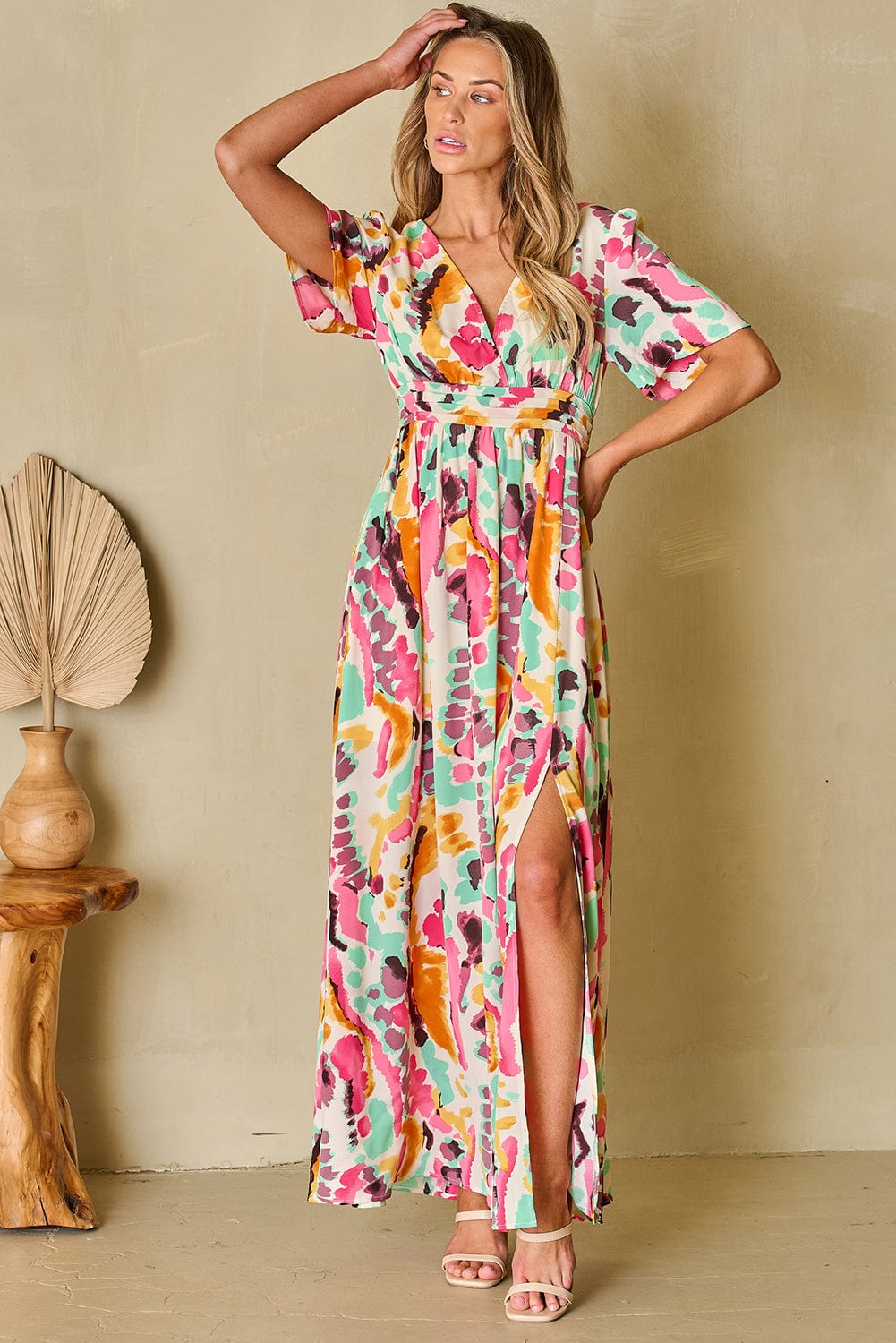 Pink Tie-Dye V Neck Maxi Dress with Bohemian Flair