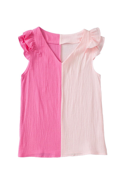 Pink Tiered Ruffle Sleeve Color Block Blouse