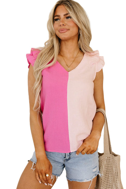 Pink Tiered Ruffle Sleeve Color Block Blouse