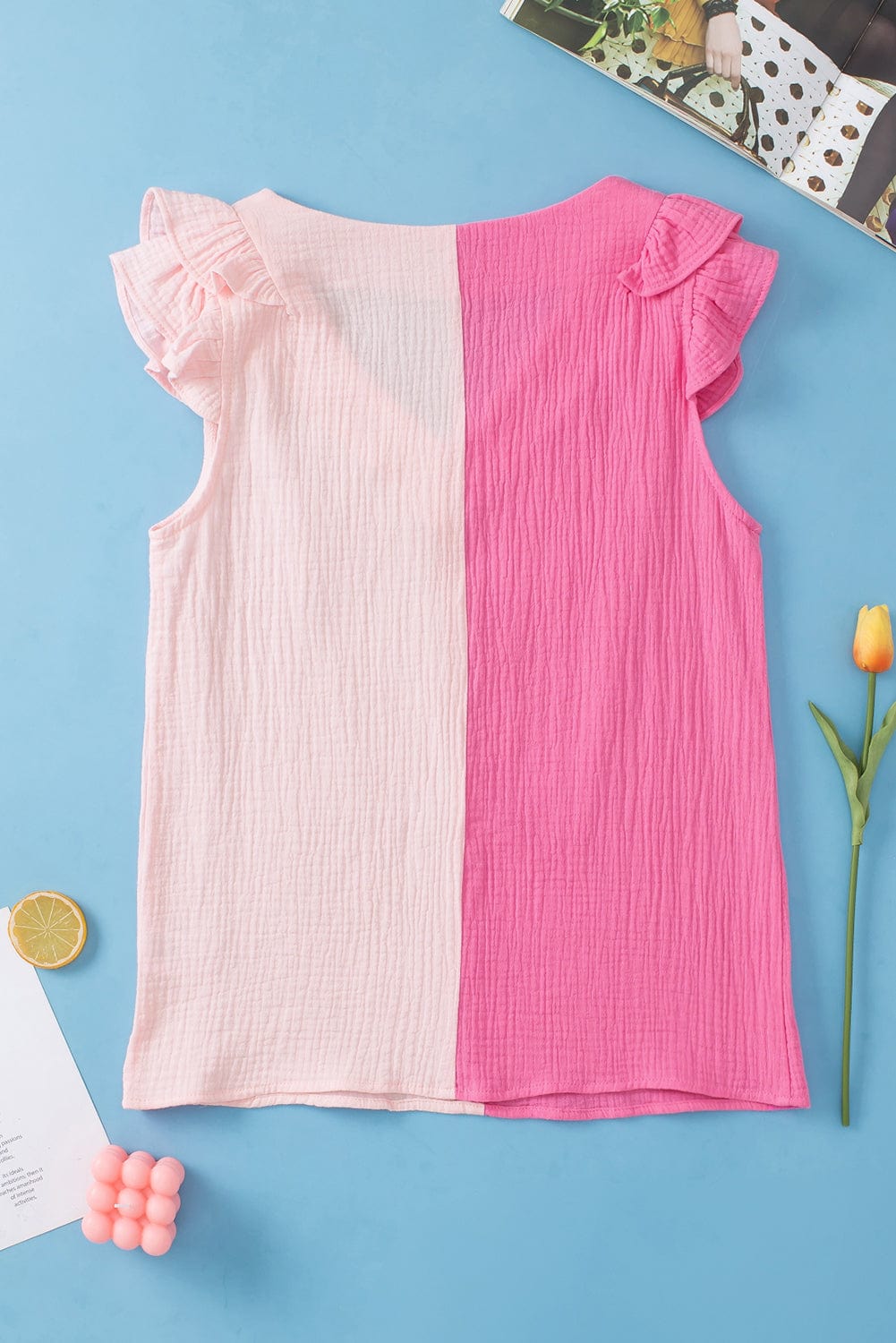 Pink Tiered Ruffle Sleeve Color Block Blouse