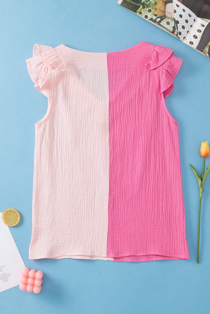 Pink Tiered Ruffle Sleeve Color Block Blouse