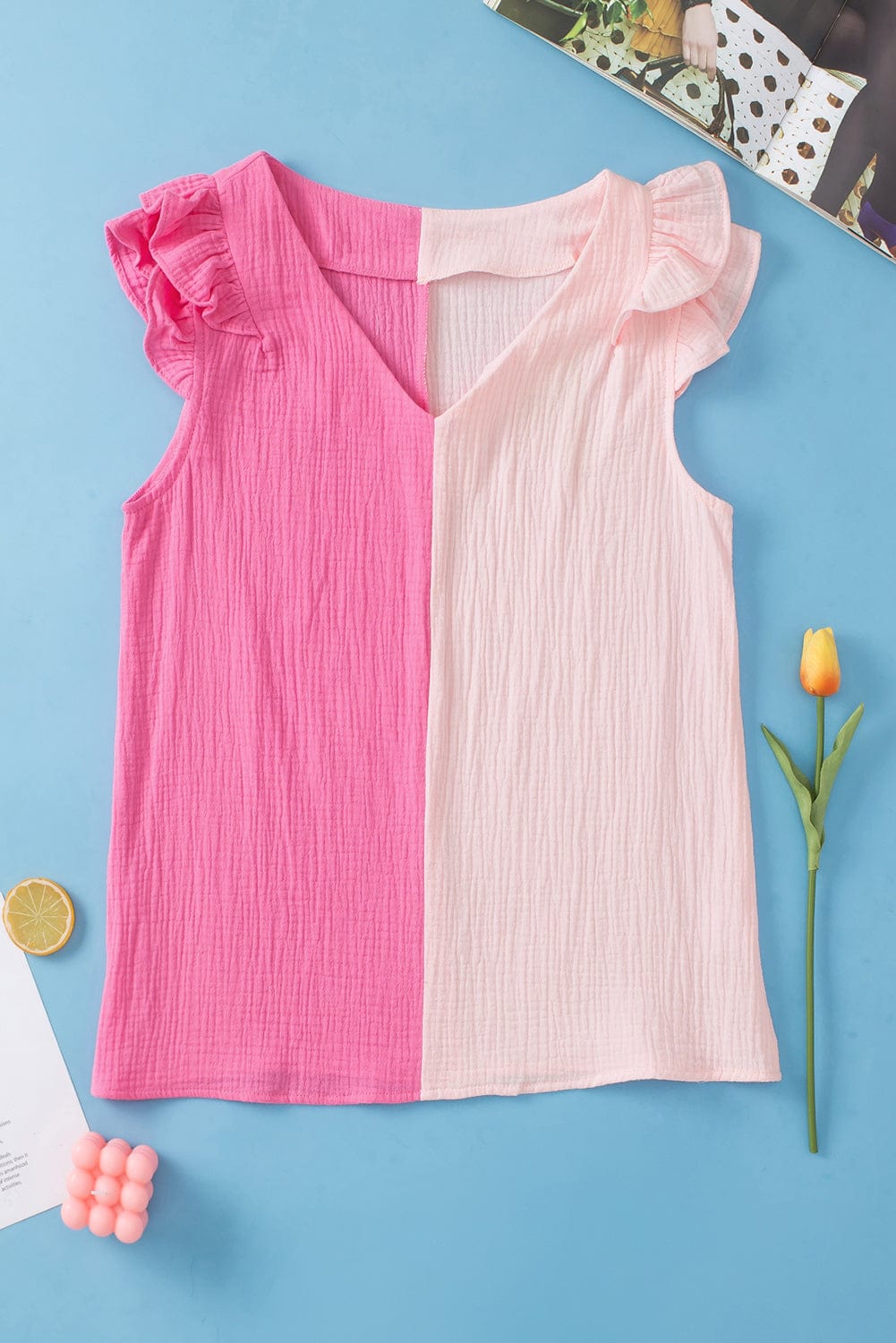 Pink Tiered Ruffle Sleeve Color Block Blouse