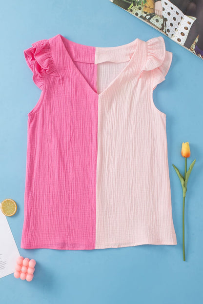 Pink Tiered Ruffle Sleeve Color Block Blouse