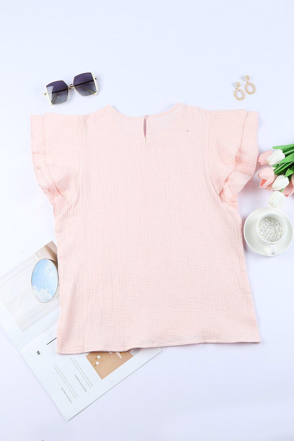 Pink Tiered Ruffled Cotton Linen Blouse