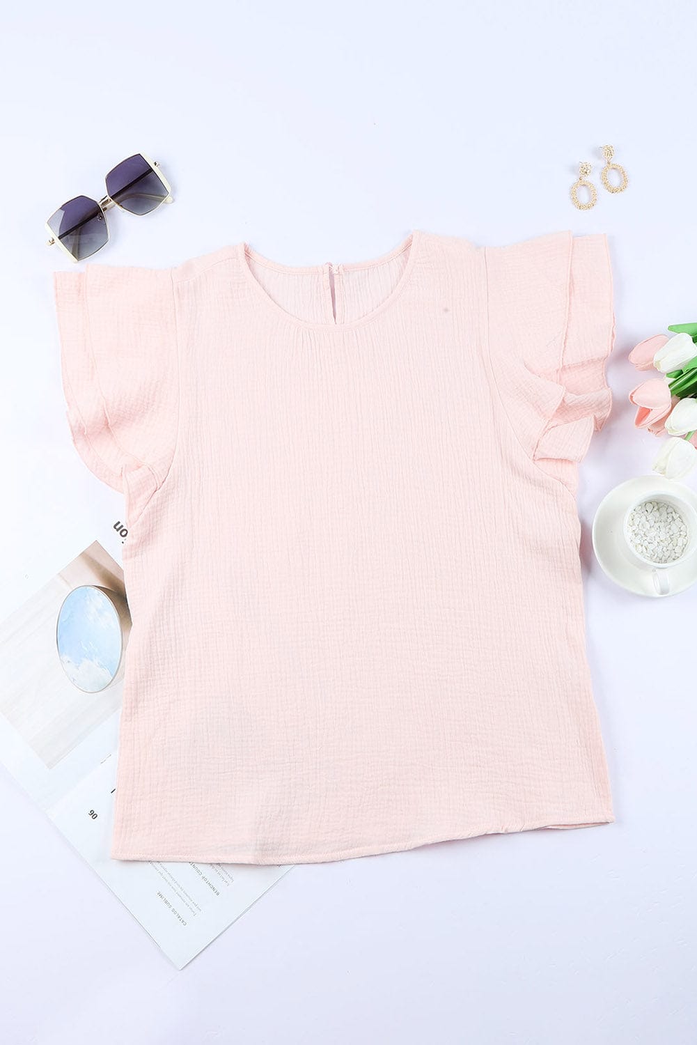 Pink Tiered Ruffled Cotton Linen Blouse