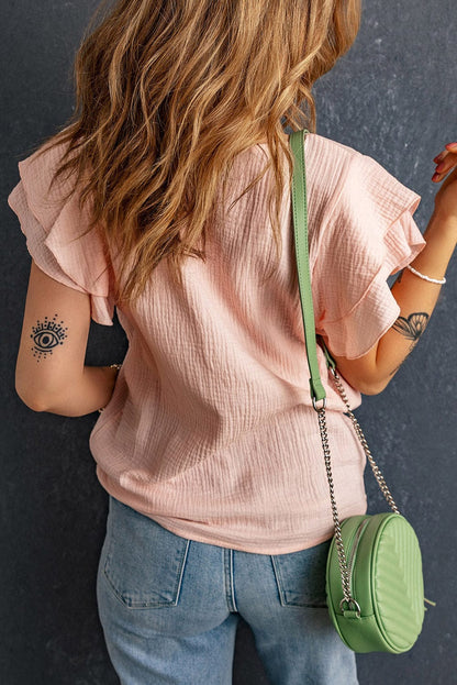 Pink Tiered Ruffled Cotton Linen Blouse