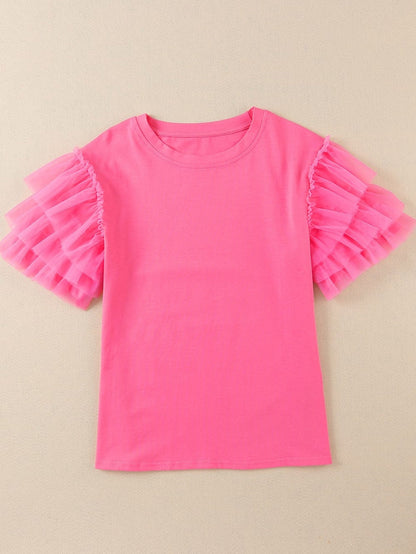 Pink Tulle Ruffle Sleeve Cotton Top