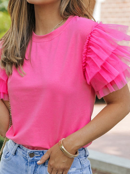 Pink Tulle Ruffle Sleeve Cotton Top