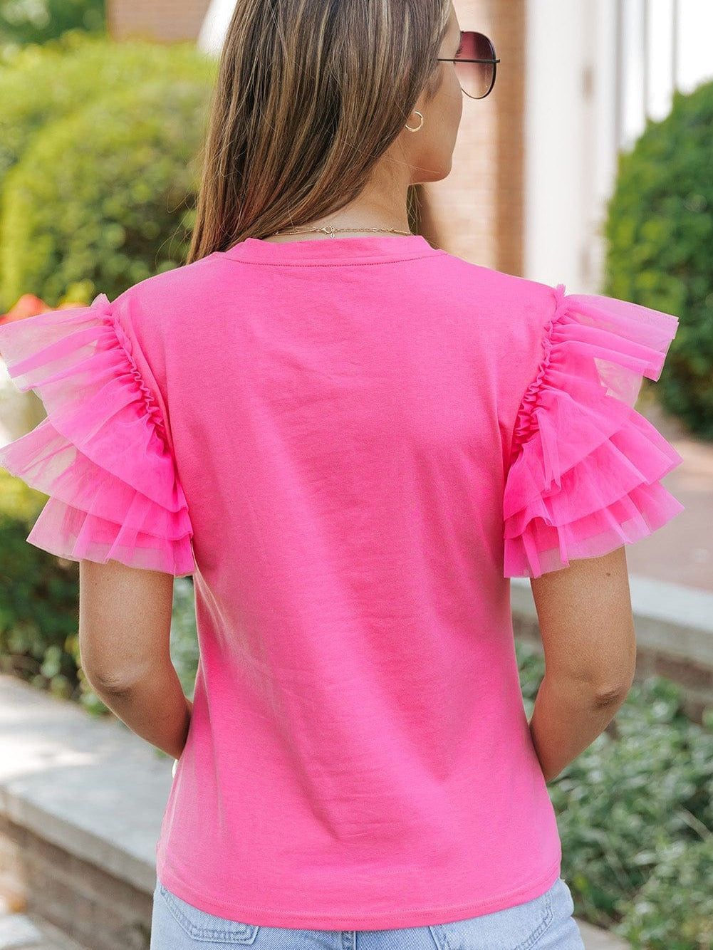 Pink Tulle Ruffle Sleeve Cotton Top