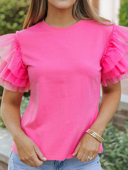 Pink Tulle Ruffle Sleeve Cotton Top
