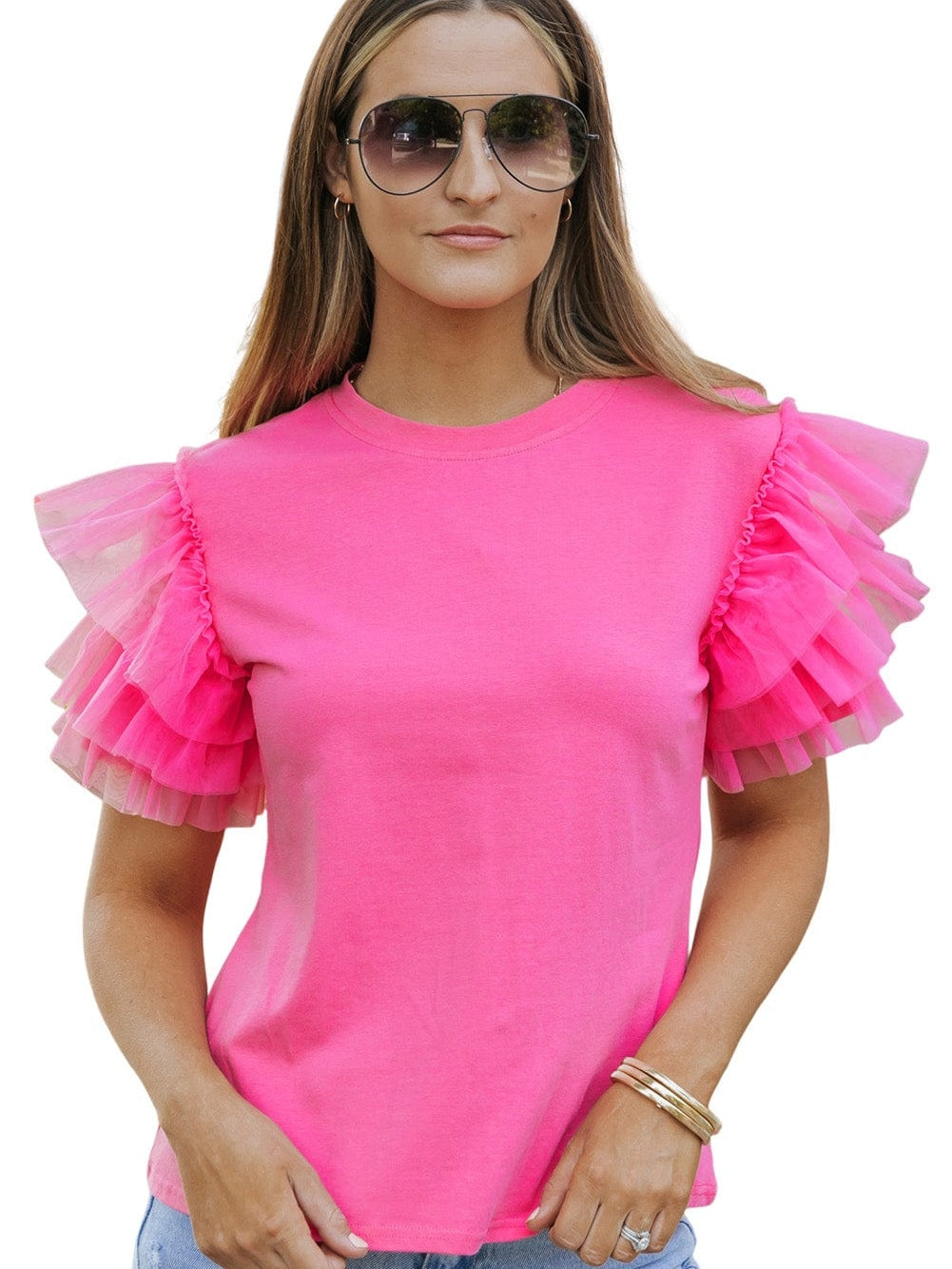 Pink Tulle Ruffle Sleeve Cotton Top