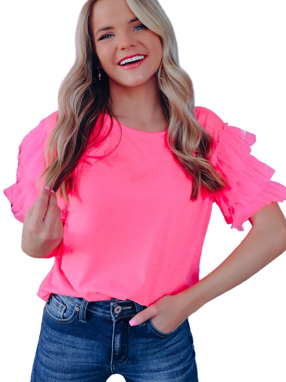 Pink Tulle Ruffle Sleeve Cotton Top