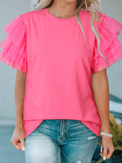 Pink Tulle Ruffle Sleeve Cotton Top