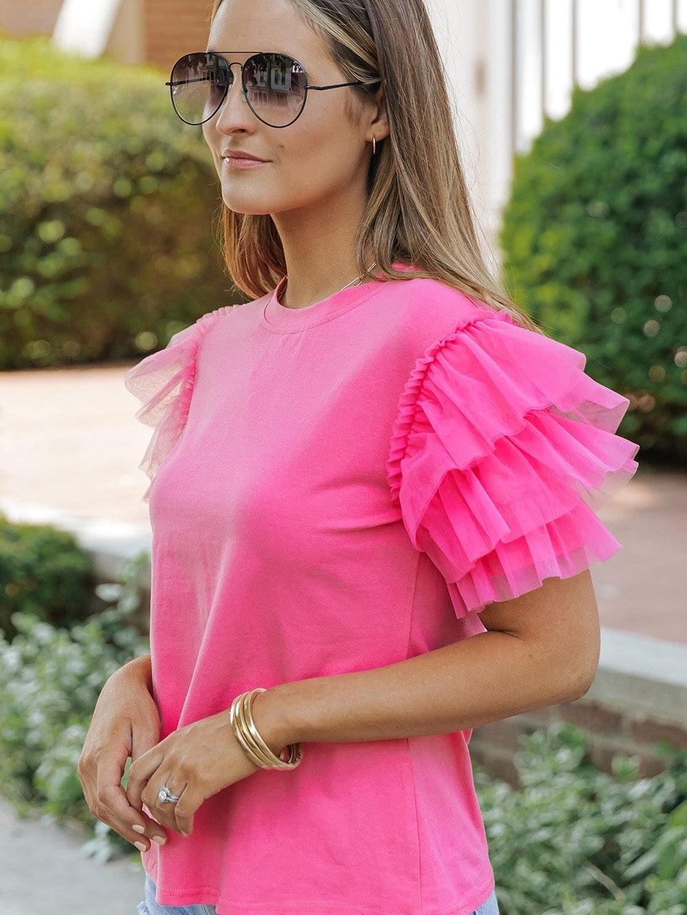 Pink Tulle Ruffle Sleeve Cotton Top