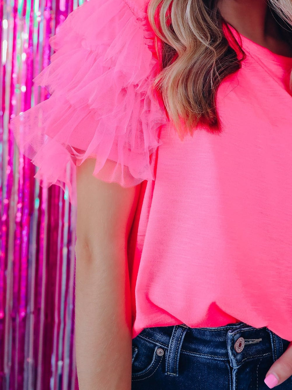 Pink Tulle Ruffle Sleeve Cotton Top