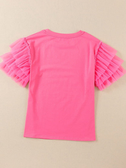 Pink Tulle Ruffle Sleeve Cotton Top