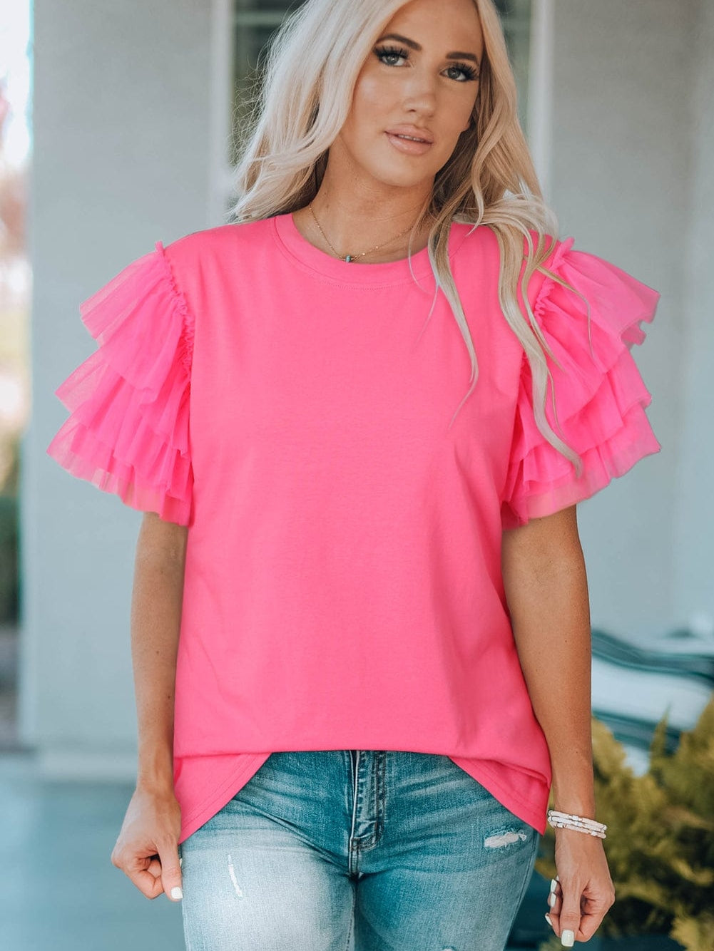 Pink Tulle Ruffle Sleeve Cotton Top