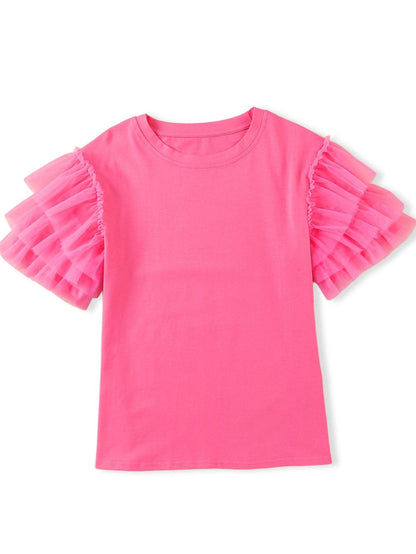 Pink Tulle Ruffle Sleeve Cotton Top