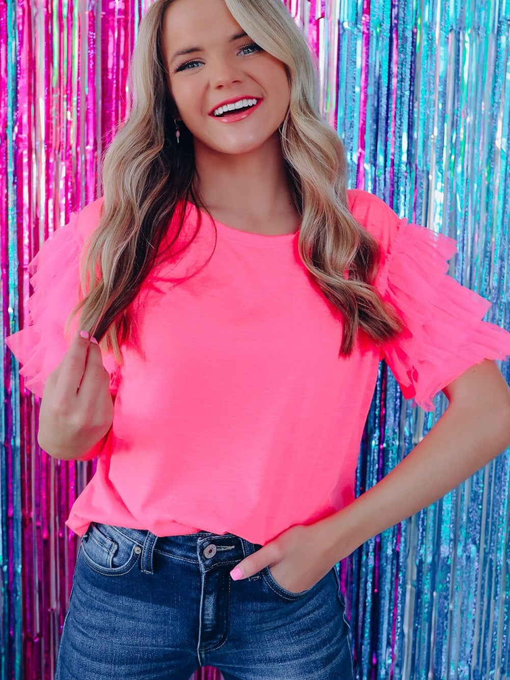 Pink Tulle Ruffle Sleeve Cotton Top