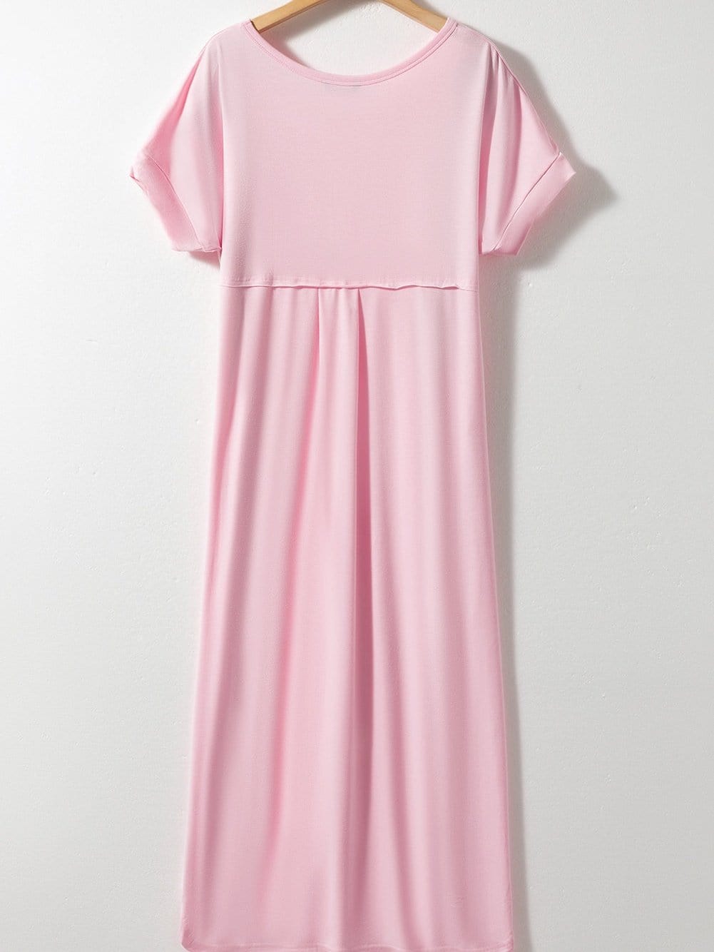 Pink V Neck Maxi T-shirt Dress with Hidden Pocket Splits